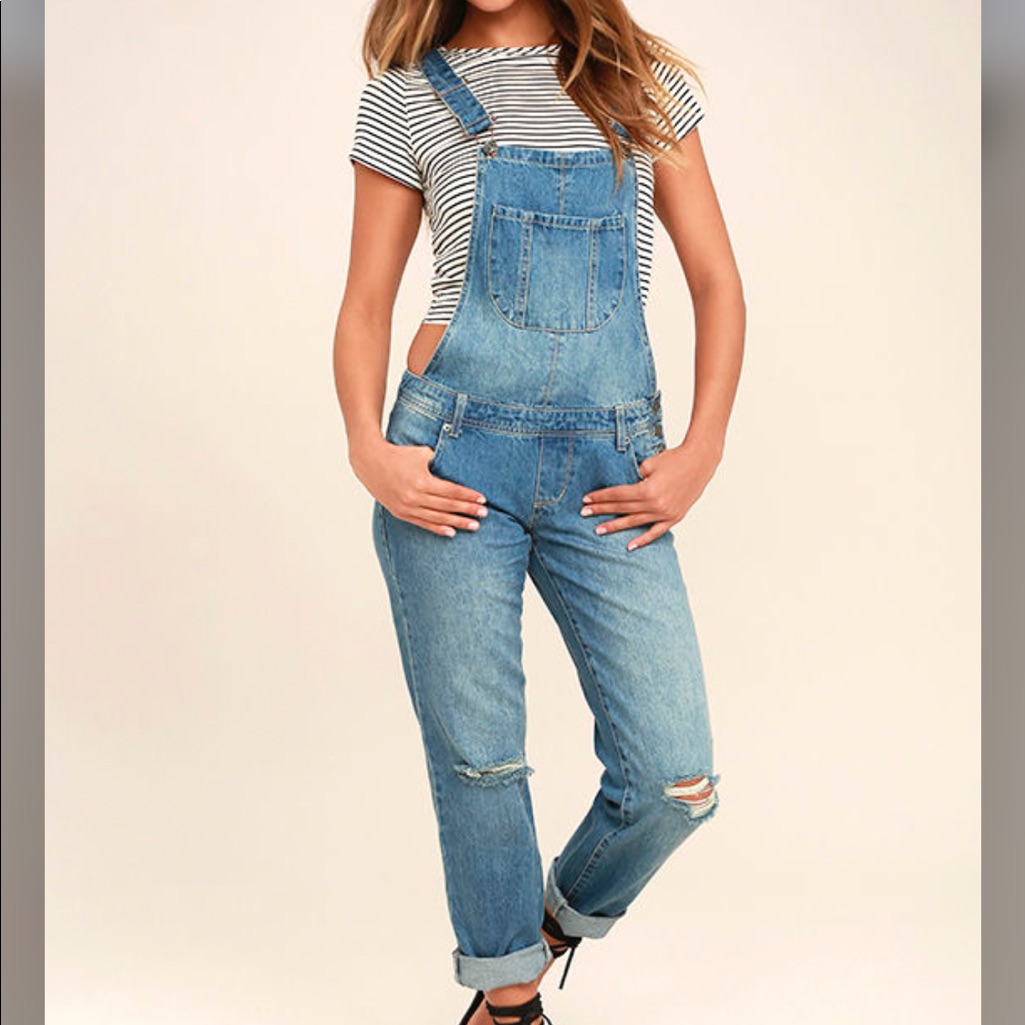Nwt Medium Wash Distressed Denim Overalls